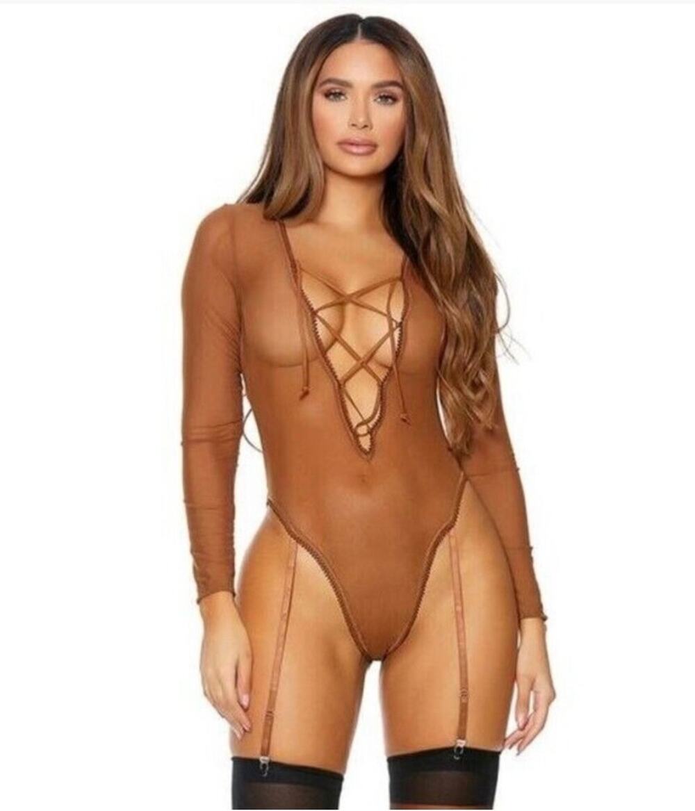 NWT! Frederick's of Hollywood Lola Lee Brown Mesh Bodysuit Teddy M